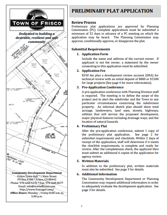 Town of Frisco preliminary plat application submittal requirements information sheet. Source - Town of Frisco
