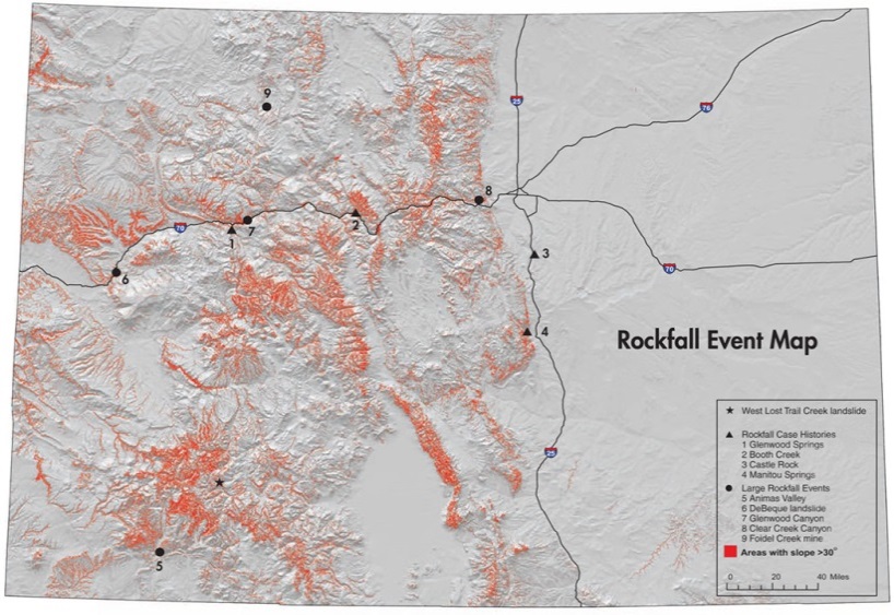 The Colorado Geological Survey’s “Rockfall Event Map” identifies locations of historic rockfall events along with steeply sloped areas that are more susceptible to future occurrences.