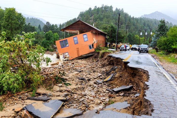 The September 2013 flood disaster caused major damage to private property and public infrastructure across the Front Range of Colorado.  Source - Federal Emergency Management Agency. Colorado Town Isolated. May 1, 2014. Photo by Steve Sumwalt.
