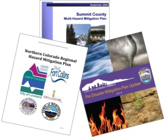 Cover images of the Summit County, Northern Colorado, and City of Colorado Springs Local Hazard Mitigation Plans. Source - Adapted by Clarion Associates.