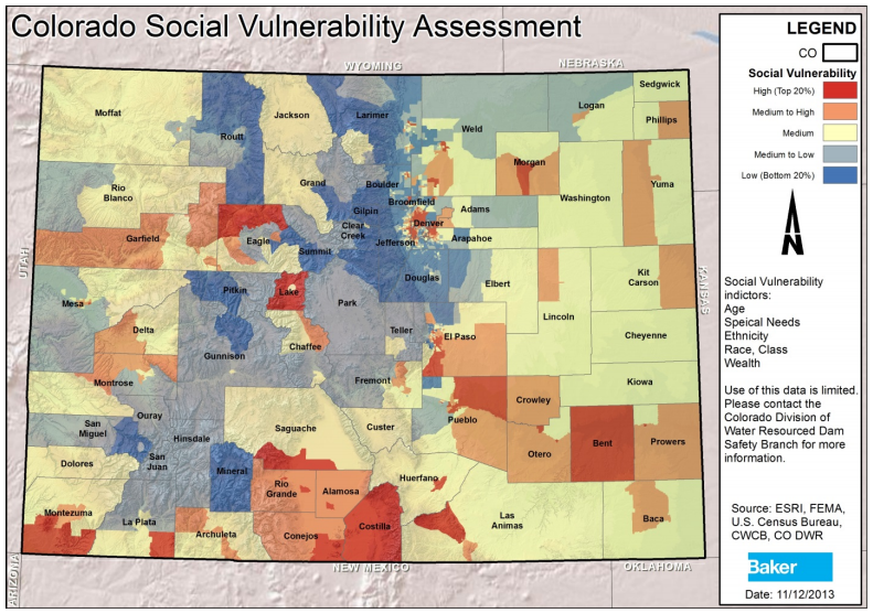 Using the Social Vulnerability Index, the Colorado Division of Water Resources Dam Safety Branch conducted a Colorado social vulnerability analysis at the census-tract level. Local socioeconomic and demographic data were used to identify spatial patterns in social vulnerability across the state and have been applied to the hazards identified in the Colorado Natural Hazards Mitigation Plan. The tan and red areas reflect higher social vulnerability, and the yellow and blue areas reflect lower social vulnerability. Source - Colorado Natural Hazards Mitigation Plan (2013)